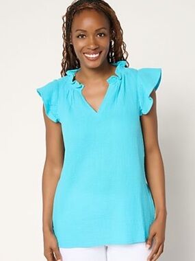 🐷 Belle Beach by Kim Gravel Cotton Gauze Bermuda Blue Flounce Top QVC A688061